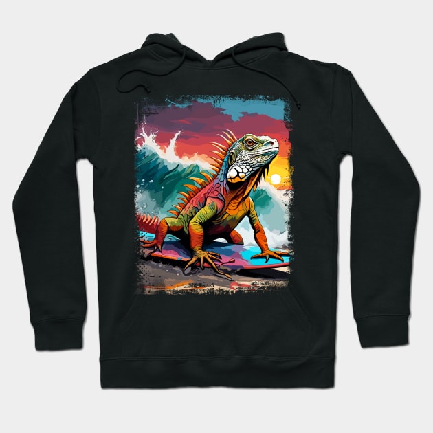 Iguana Surfing Cute Colorful Comic Illustration Hoodie by Naumovski